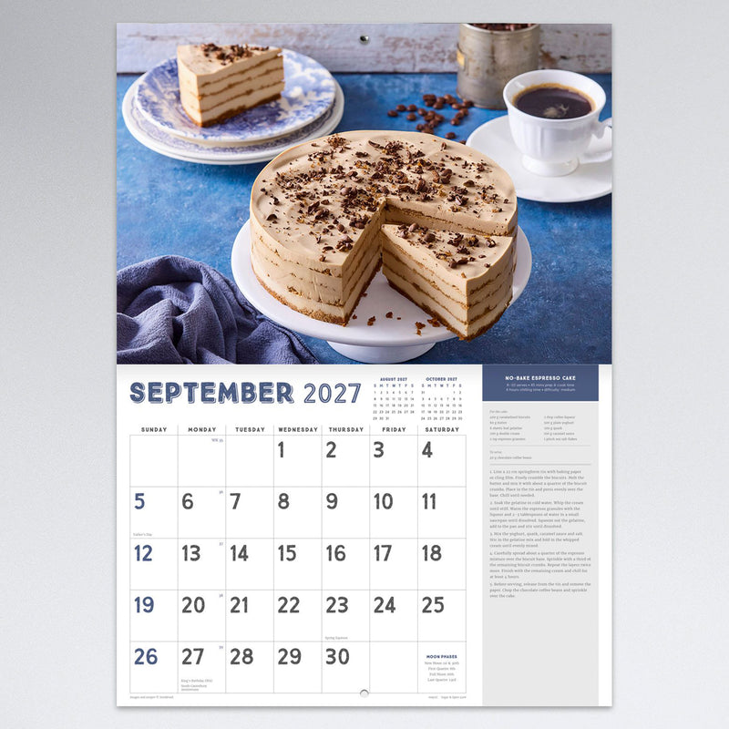 September calendar page highlighting a no bake espresso cake recipe with detailed monthly planning grid and recipe section in an attractive kitchen themed design.