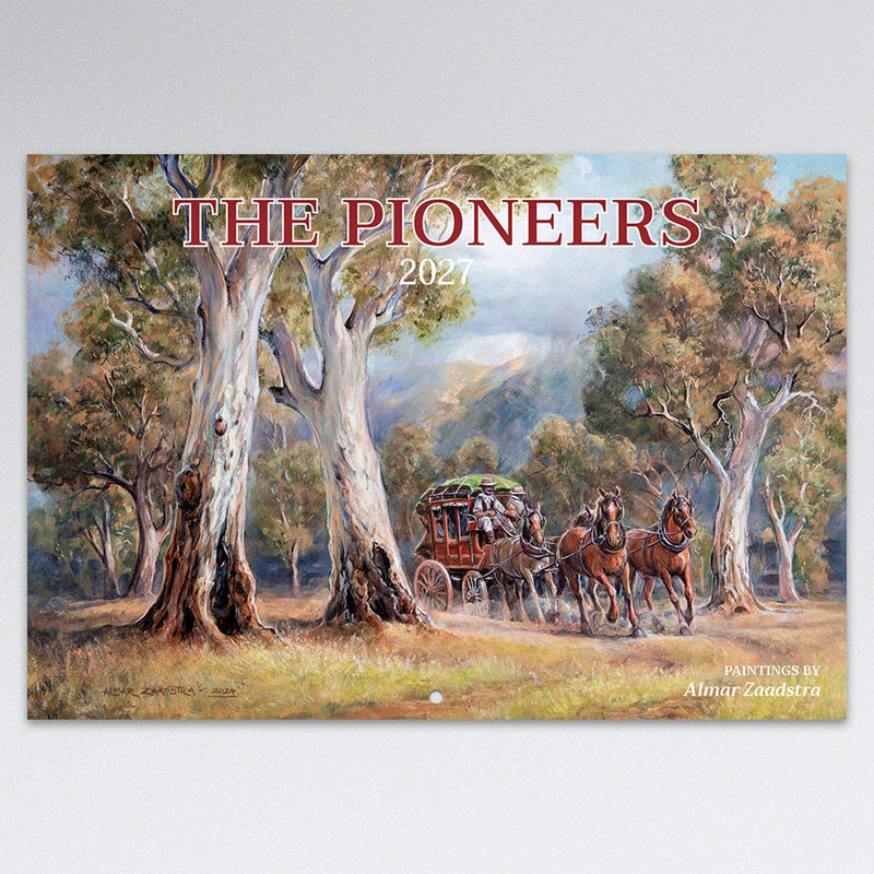 Front cover artwork of the Easy2C 2027 The Pioneers stitched calendar featuring a horse drawn stagecoach travelling through an Australian bush landscape painted by Almar Zaadstra.