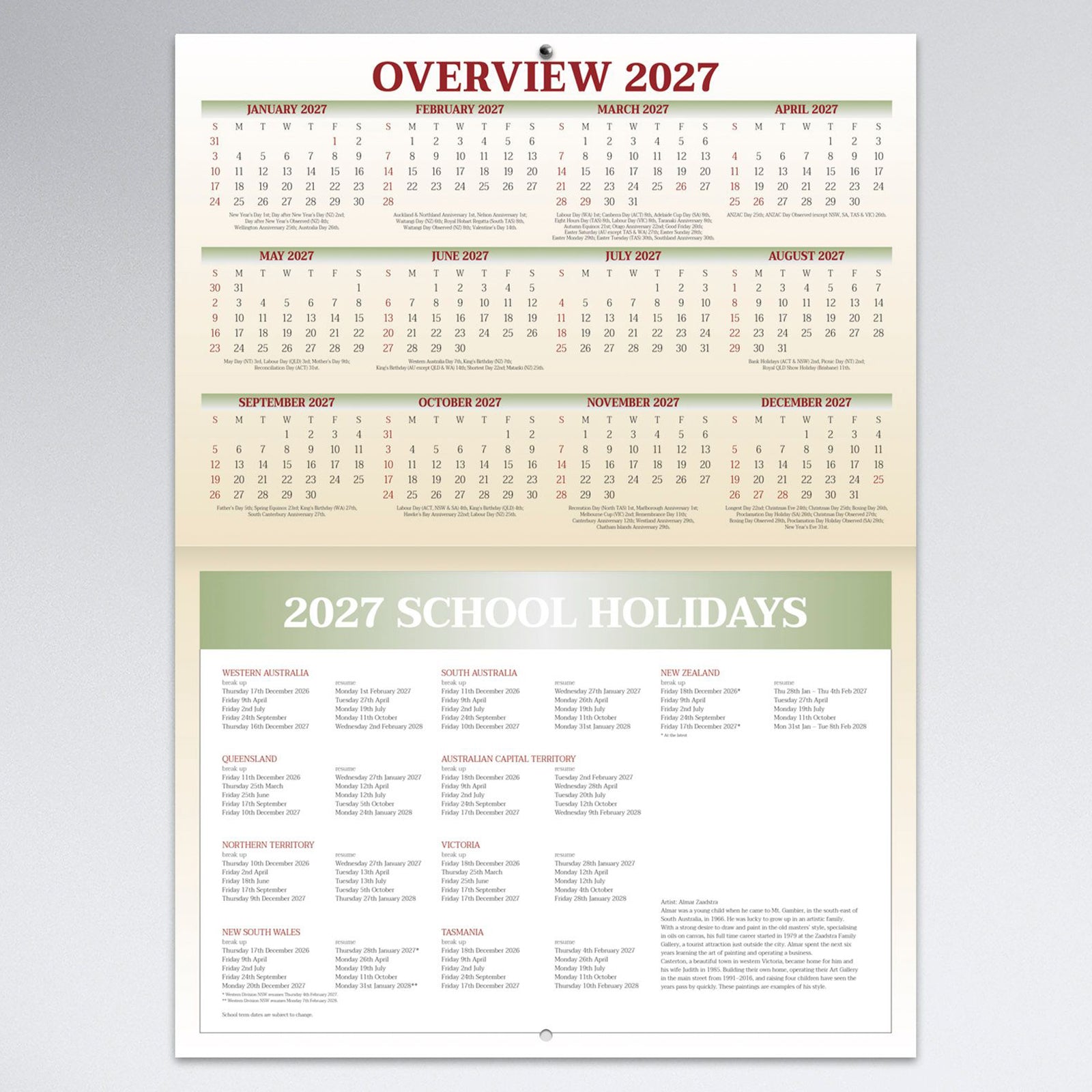 Easy2C 2027 calendar overview page showing the complete annual calendar layout together with Australian and New Zealand school holiday information in an easy to read reference format.