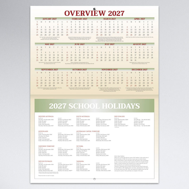 Easy2C 2027 calendar overview page showing the complete annual calendar layout together with Australian and New Zealand school holiday information in an easy to read reference format.