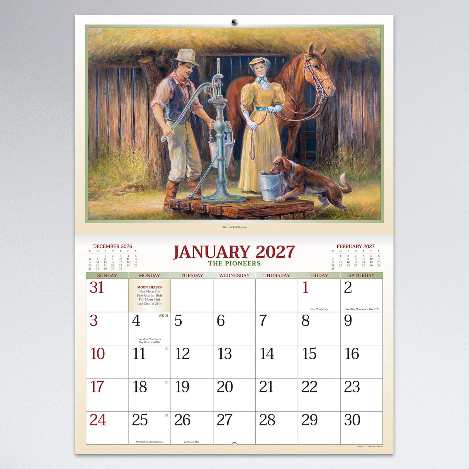 January calendar page featuring pioneer life around a traditional water pump with horse, dog and rural homestead artwork above the monthly calendar layout.