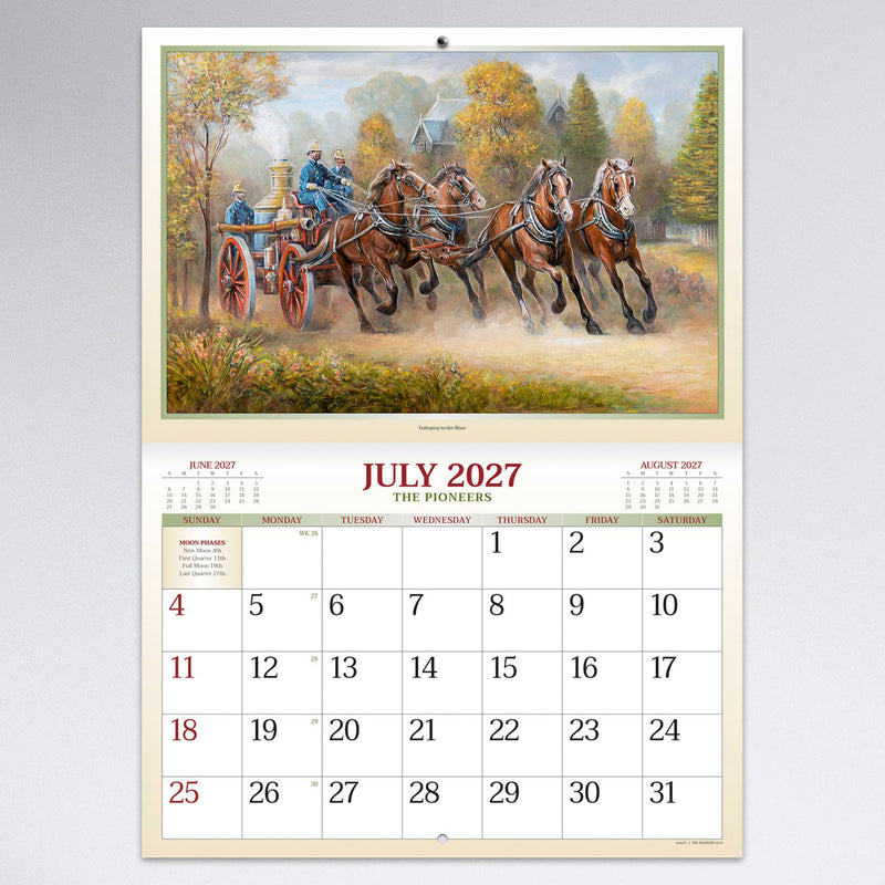 July calendar page featuring an impressive horse drawn fire engine artwork combined with a clean monthly calendar layout suitable for everyday scheduling.