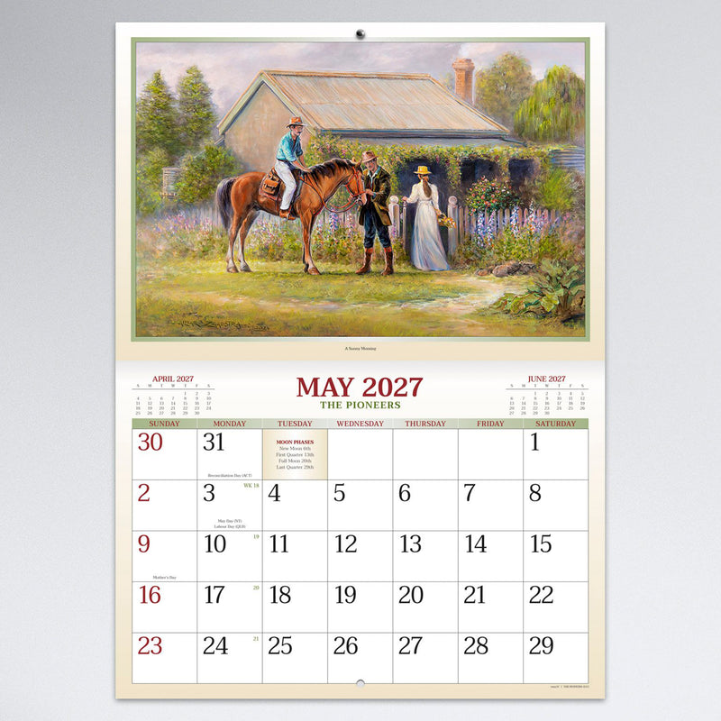 May calendar page illustrating a peaceful rural homestead scene with horse riders and cottage garden above a spacious monthly planning calendar.