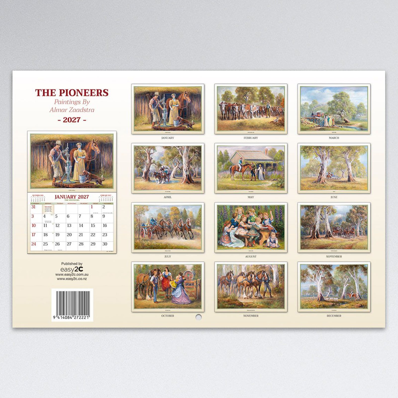 Rear cover of the Easy2C 2027 The Pioneers calendar displaying all monthly artwork previews, product information and publisher details for customers to view the complete annual collection.