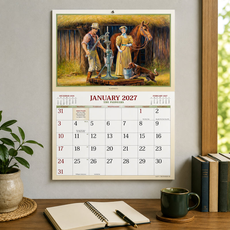 Easy2C 2027 The Pioneers A4 calendar displayed above a tidy desk featuring the January pioneer artwork, notebook, coffee mug and indoor plant, highlighting its decorative appeal in a modern office environment.