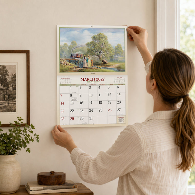 Person carefully hanging the Easy2C 2027 The Pioneers stitched A4 wall calendar in a bright home interior, demonstrating the compact wall display size with a classic historical artwork and spacious monthly planner beneath.