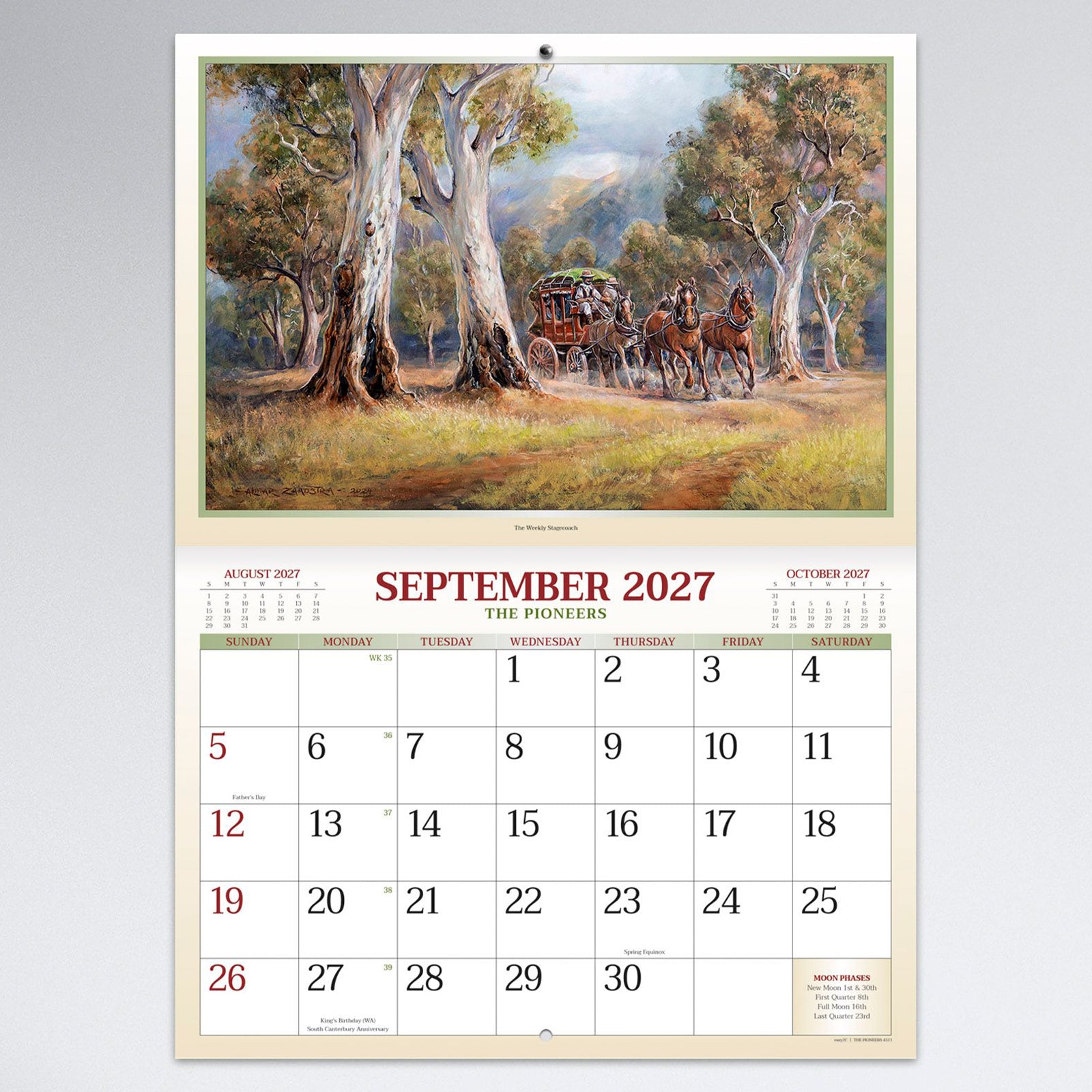 September calendar page highlighting a scenic horse drawn stagecoach travelling beneath towering gum trees with a large monthly planner for appointments and reminders.