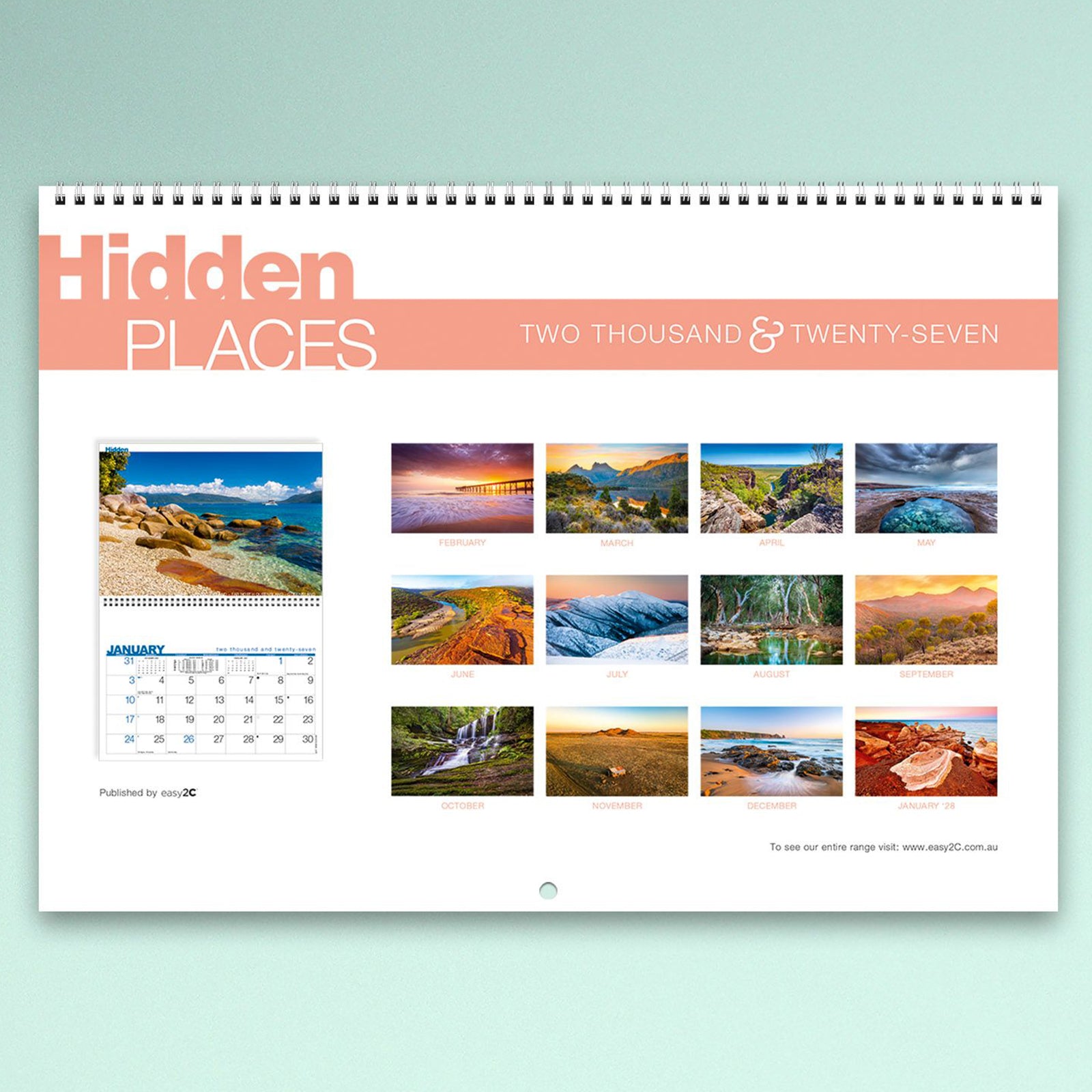 The back cover of the Easy2C Hidden Places 2027 calendar displaying thumbnail previews of every monthly landscape image. The layout provides an overview of the scenic photography collection included throughout the year.