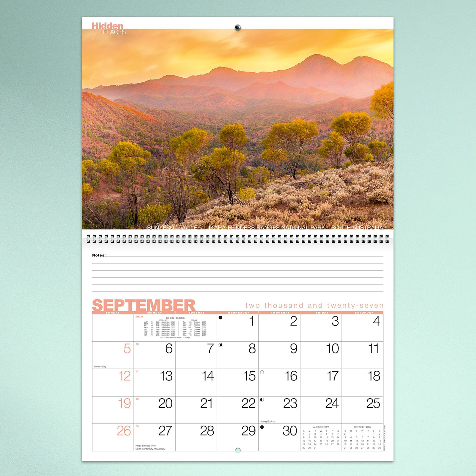 A September calendar page displaying the colourful Ikara Flinders Ranges National Park in South Australia. Warm sunrise colours complement the spacious monthly layout designed for everyday planning.