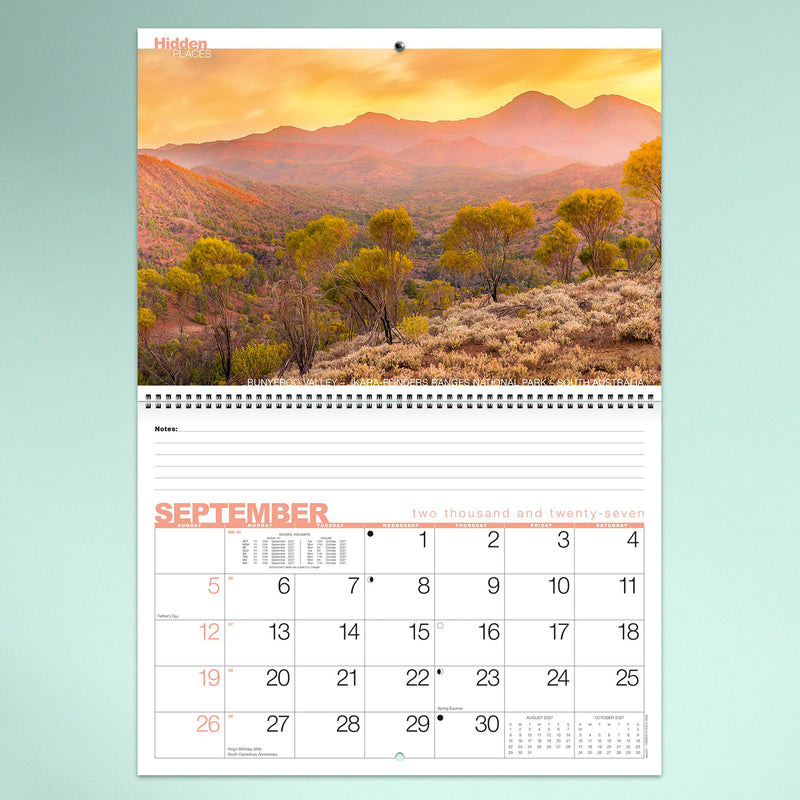 A September calendar page displaying the colourful Ikara Flinders Ranges National Park in South Australia. Warm sunrise colours complement the spacious monthly layout designed for everyday planning.