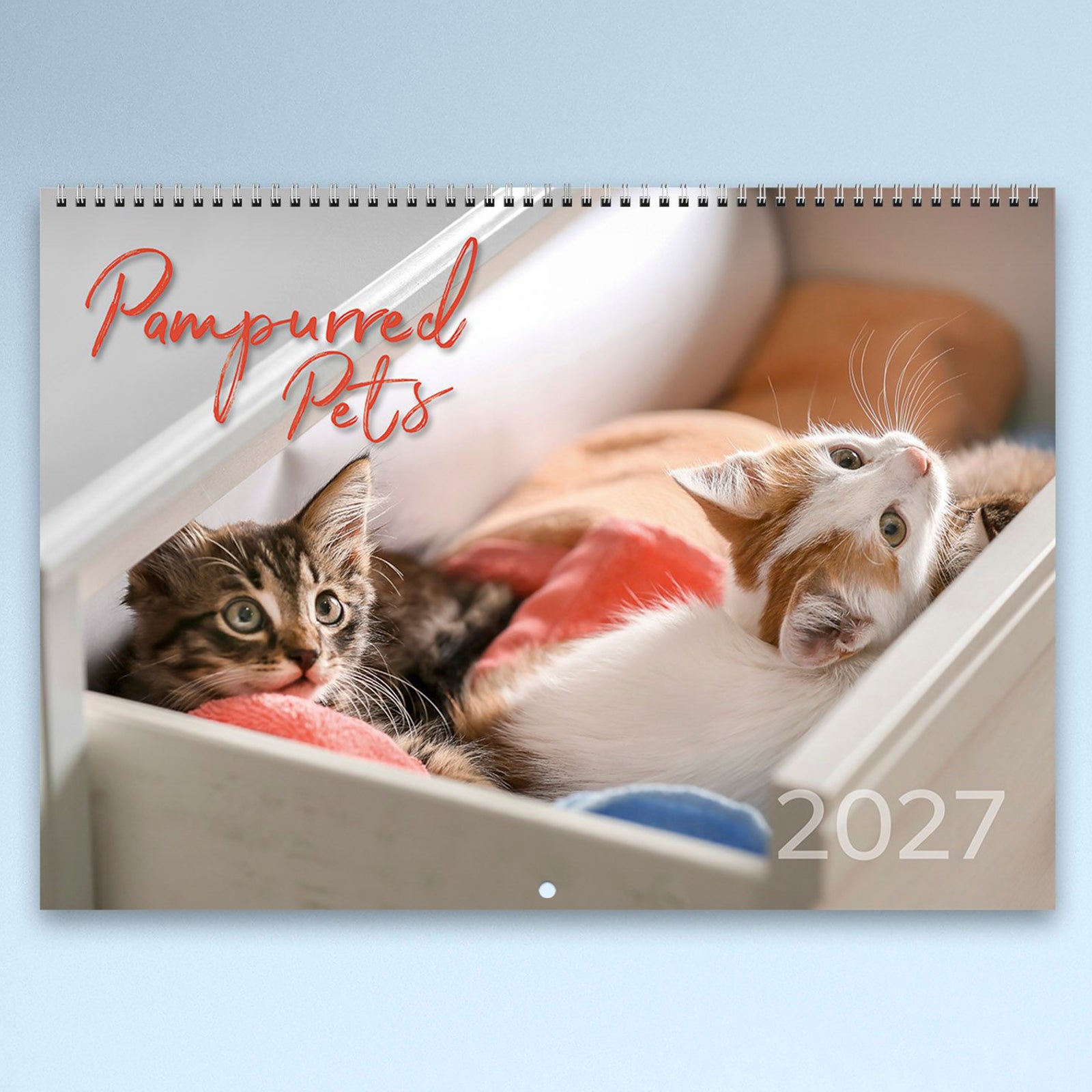 Close up of the Easy2C Pampurred Pets 2027 front cover featuring two adorable kittens relaxing together. The premium cover design highlights the quality wiro binding and charming pet photography collection.
