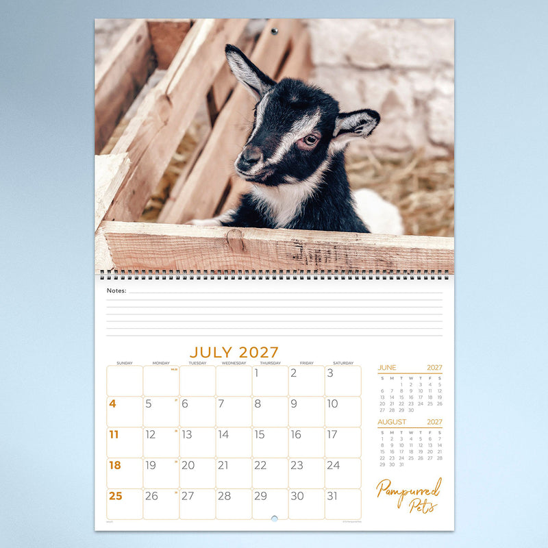 July calendar page featuring a curious baby goat peeking over a rustic wooden fence. The adorable farm animal photograph pairs with a clean monthly calendar layout.