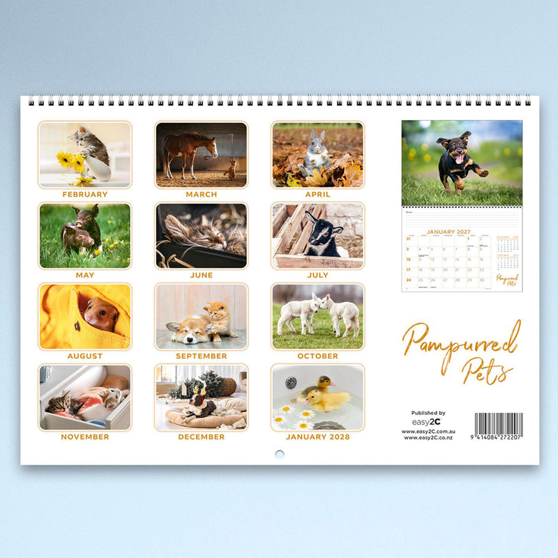 The rear cover of the Pampurred Pets calendar displaying thumbnail previews of every monthly pet photograph included throughout the year. The layout highlights puppies, kittens and other adorable animals together with a sample calendar page.