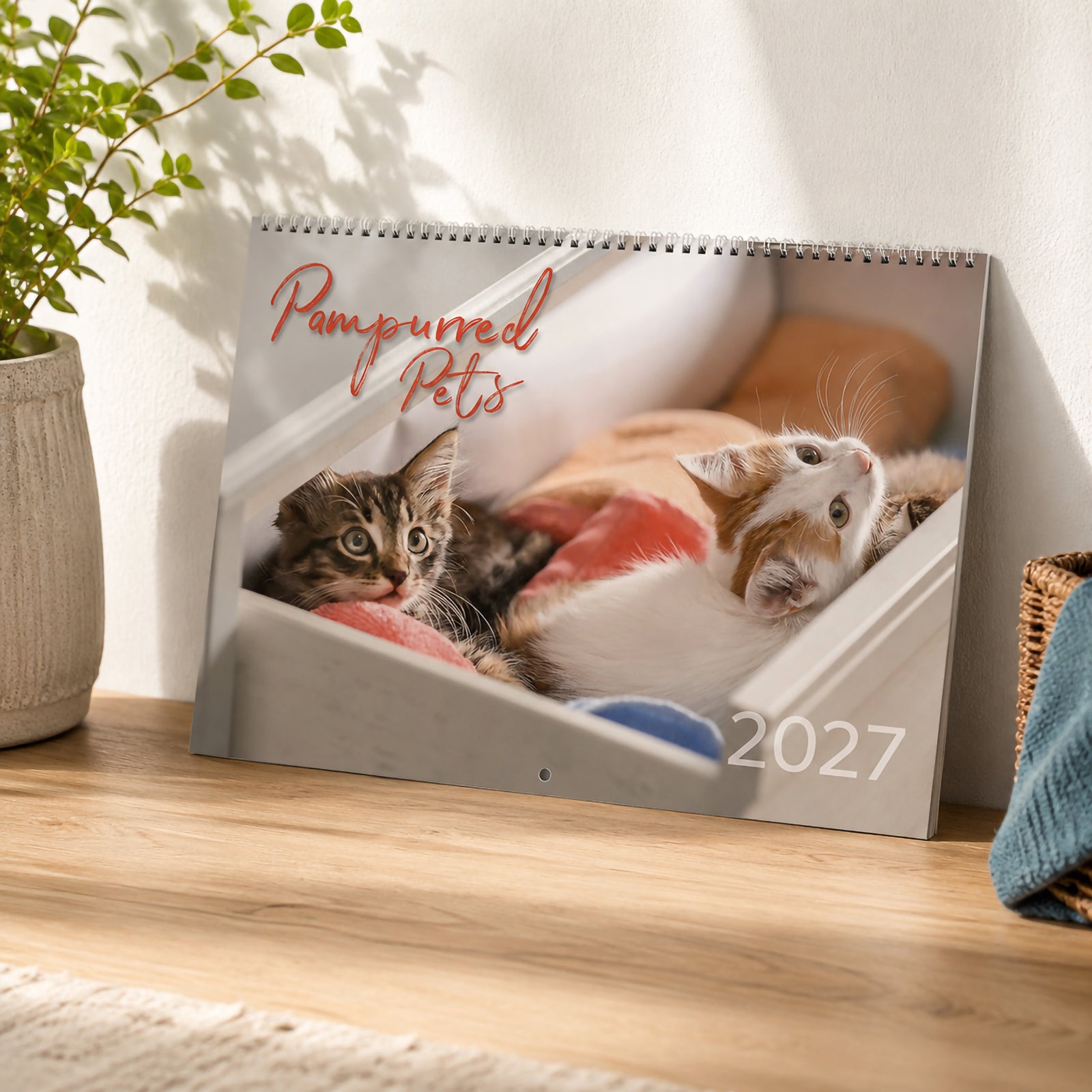 The front cover of the Easy2C Pampurred Pets 2027 calendar resting on a timber cabinet in a stylish home setting. The cover showcases two playful kittens relaxing together, highlighting the charming pet photography collection.