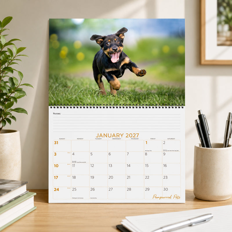The Easy2C Pampurred Pets calendar displayed on a timber desk in a modern workspace. Open to January, it features a happy puppy running across green grass while the spacious monthly planner below offers room for appointments and notes.