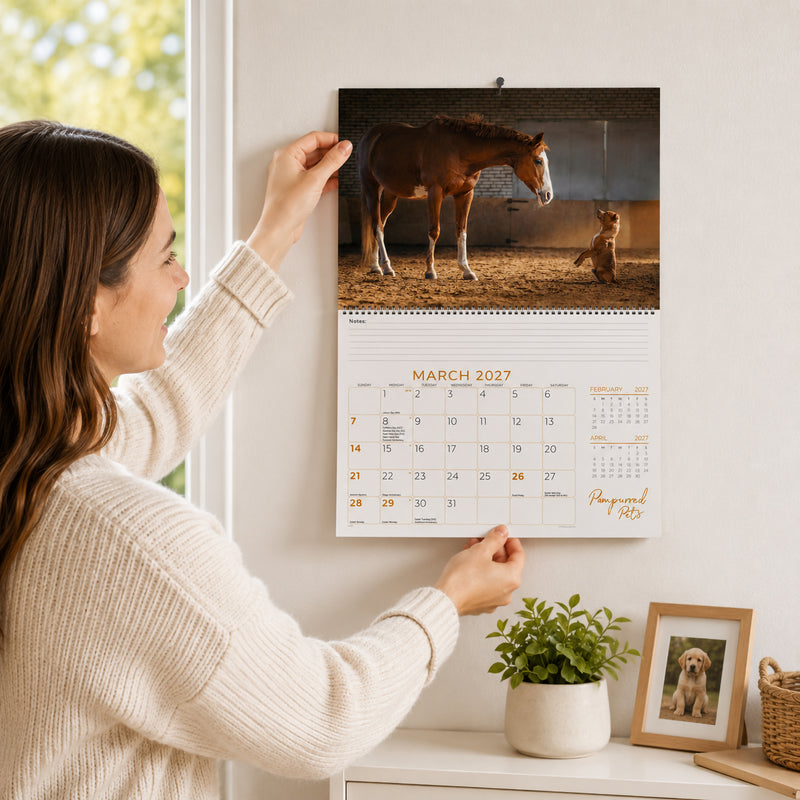 A lifestyle image showing a person hanging the Easy2C Pampurred Pets 2027 wall calendar on a bright interior wall. The calendar is open to March, featuring a touching photograph of a horse gently interacting with a small dog, creating a warm and welcoming home atmosphere.