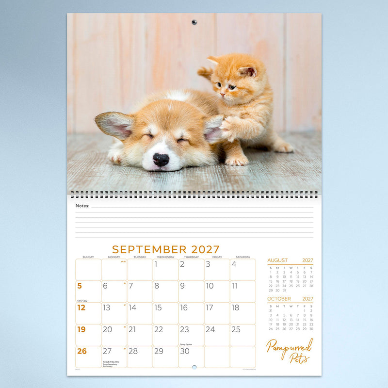 September calendar page showing a sleeping corgi puppy beside a playful kitten. The charming pet image creates a delightful monthly display with plenty of room for scheduling.