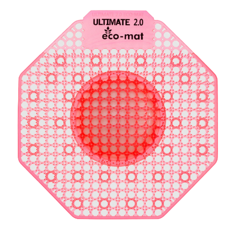Pink Eclipse Ultimate 2.0 Eco Mat urinal screen in mango fragrance showing the flexible dome design with raised bristles against a white background