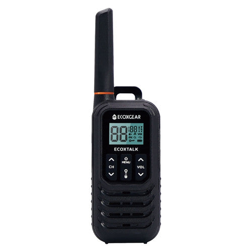 EcoXgear EcoXTalk radio showing large backlit LCD channel display