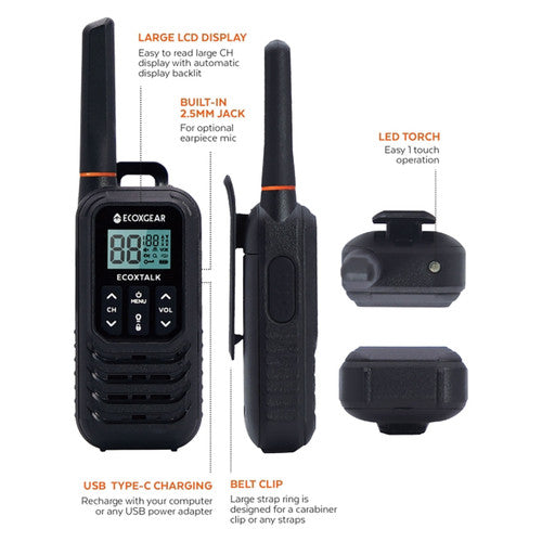 EcoXgear EcoXTalk radio showing volume and channel control buttons