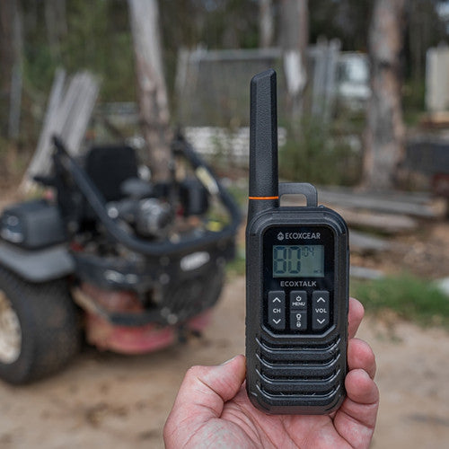 EcoXgear EcoXTalk radio in hand showing ergonomic grip and size