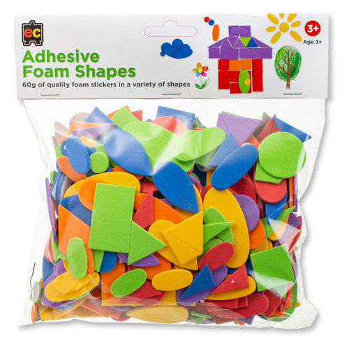 Educational Colours Adhesive Foam Shapes 60g pack showing assorted colours and shapes with peel-off backing