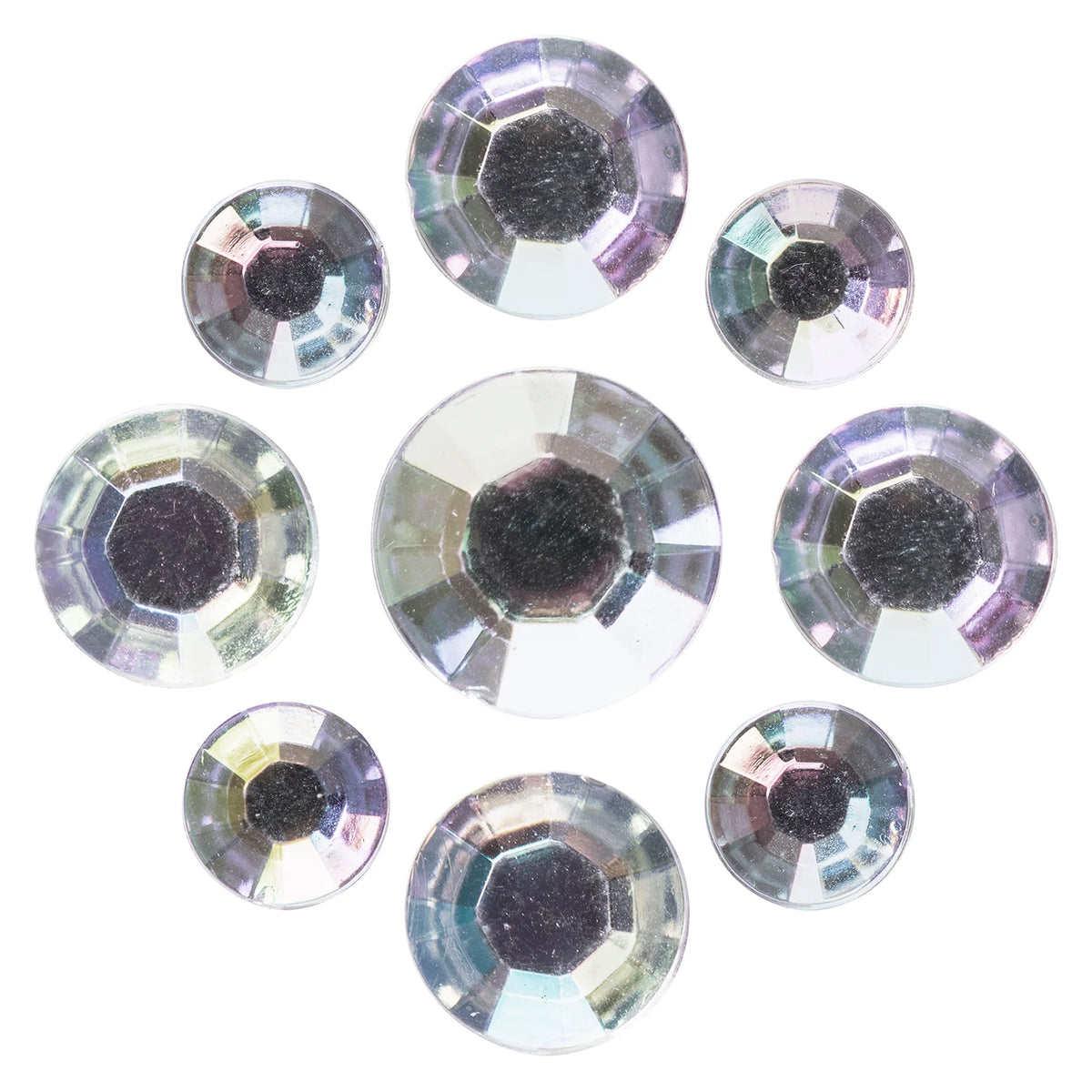 Close up view of Educational Colours Adhesive Gems Clear against a white background, highlighting the transparent faceted surfaces and differences between the 6mm, 8mm and 10mm round gem sizes.