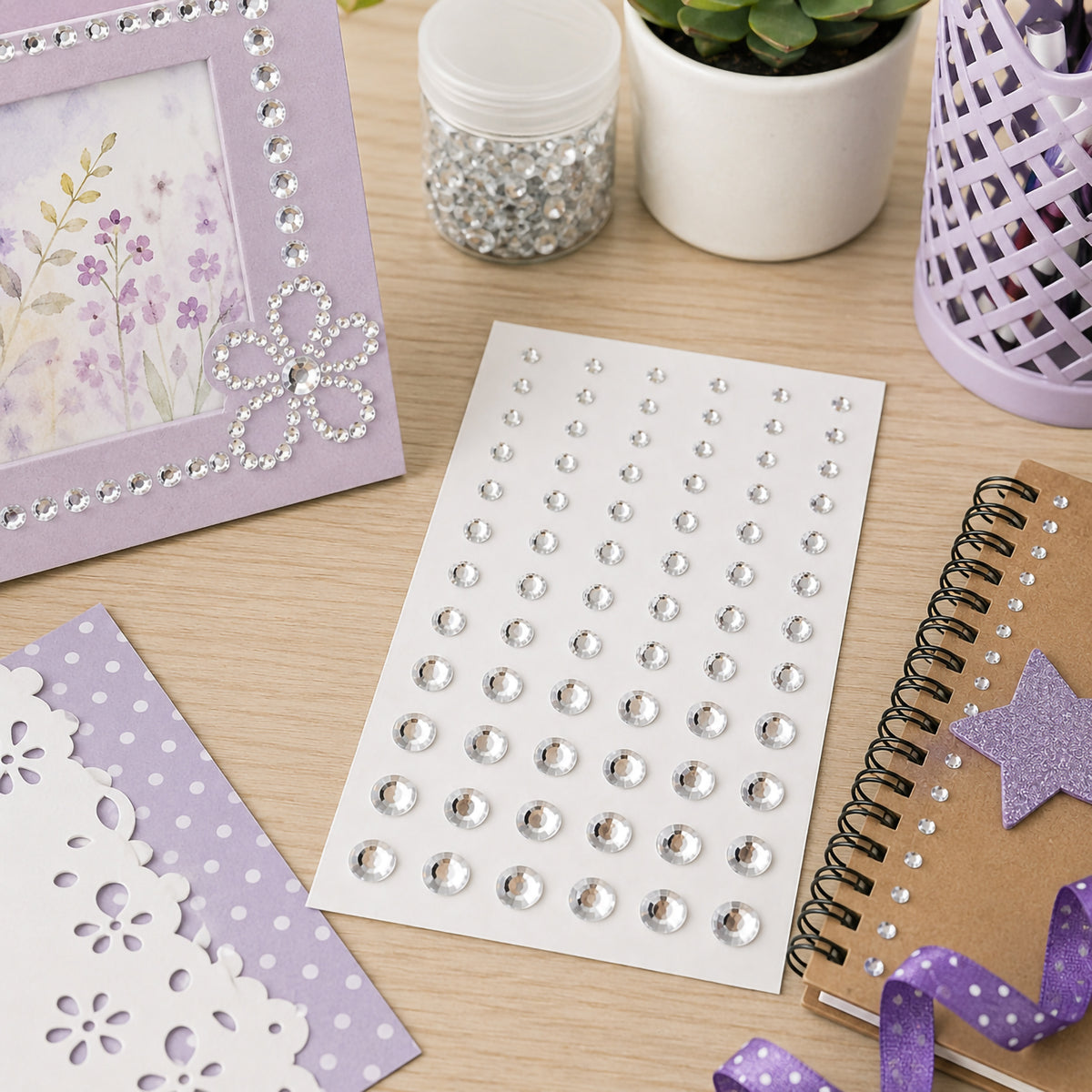 Educational Colours Adhesive Gems Clear displayed on a creative workspace with finished paper crafts and coordinating craft materials, demonstrating how transparent gems can complement different colours without overpowering the overall design.