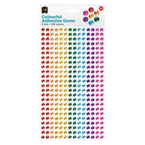 Educational Colours Adhesive Gems Colourful retail pack on a clean white background, showing the Educational Colours branding, 6mm gem size, 336 piece quantity and colourful self adhesive gem assortment.