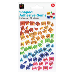Educational Colours Adhesive Gems Shaped retail pack presented against a clean white background, showing Educational Colours branding and the colourful assortment of self adhesive mosaic shaped craft gems.