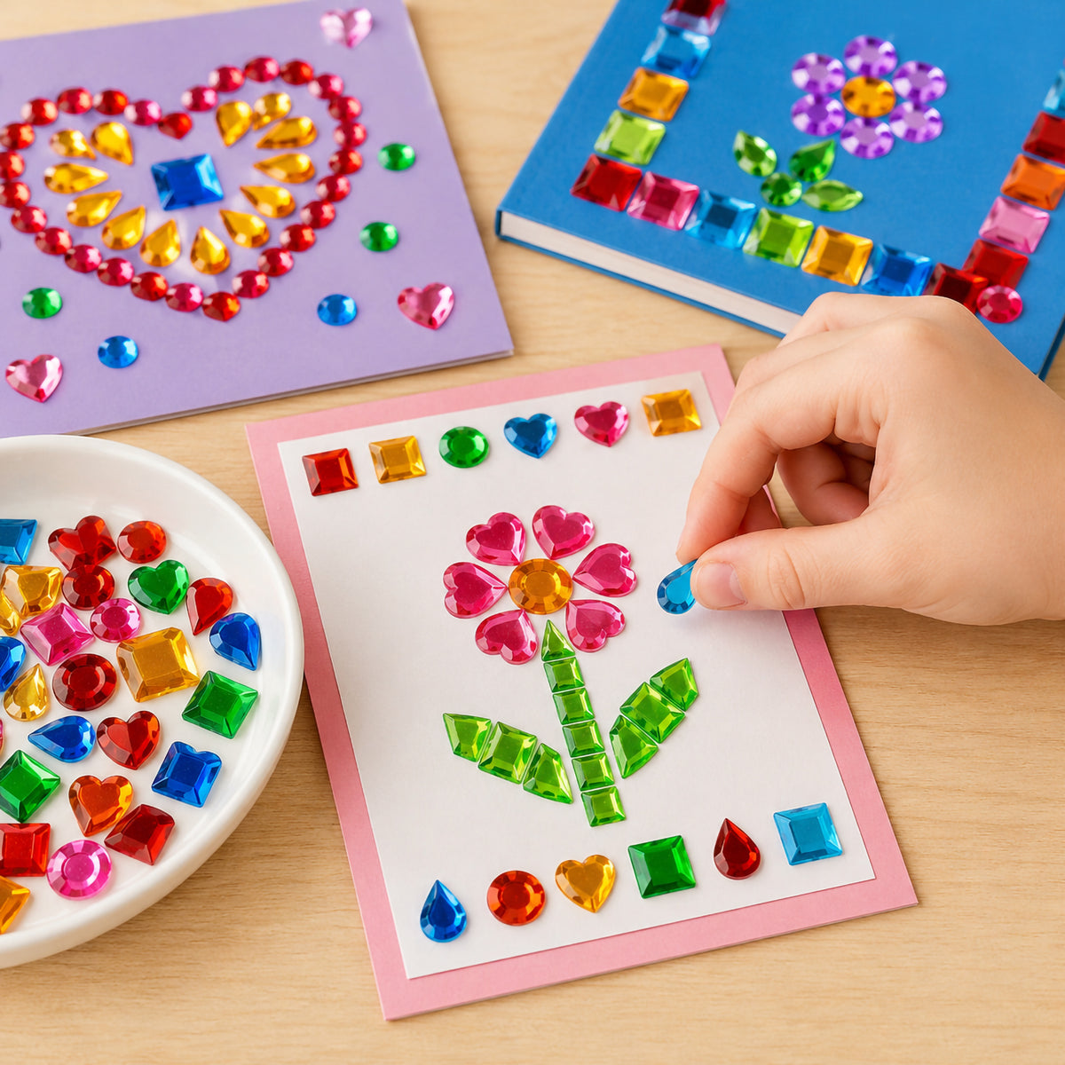 Educational Colours Adhesive Gems Shaped arranged in a colourful mosaic style craft design, showing assorted faceted shapes used to add bright dimensional details and sparkling accents to paper artwork.