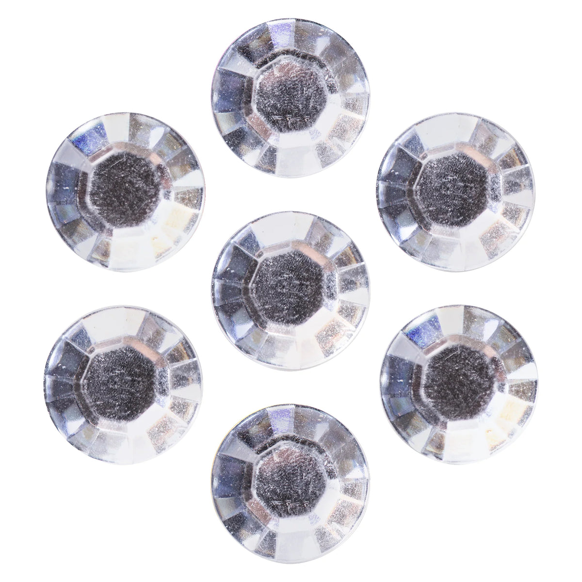 Close up view of Educational Colours Silver Adhesive Gems on a clean white background, highlighting the round 9mm shape, faceted surface and reflective silver appearance of the craft embellishments.