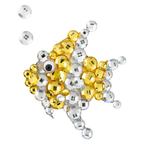 Educational Colours Adhesive Gold and Silver Crystals Set of 60. Close-up of self-adhesive gold and silver craft crystals from Educational Colours.