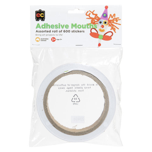 Educational Colours Adhesive Mouths Roll of 600. Close-up of 6 assorted adhesive mouth sticker designs from Educational Colours.