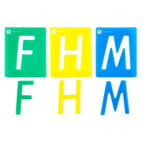 Educational Colours upper case alphabet stencil set of 26 laid out showing all letters on a white background