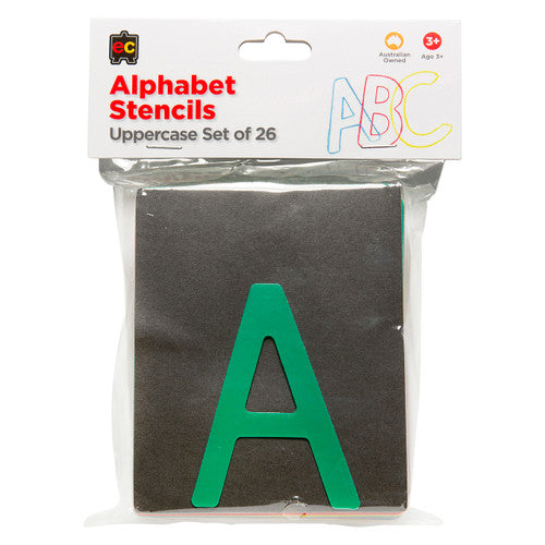 Close-up of Educational Colours plastic letter stencils showing positive and negative versions of upper case letters