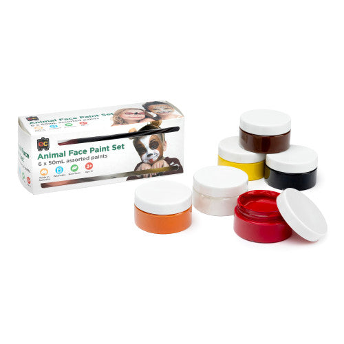 Educational Colours Animal Face Paint 50ml Set of 6. Educational Colours Animal Face Paint 50ml jars in assorted colours, set of 6.