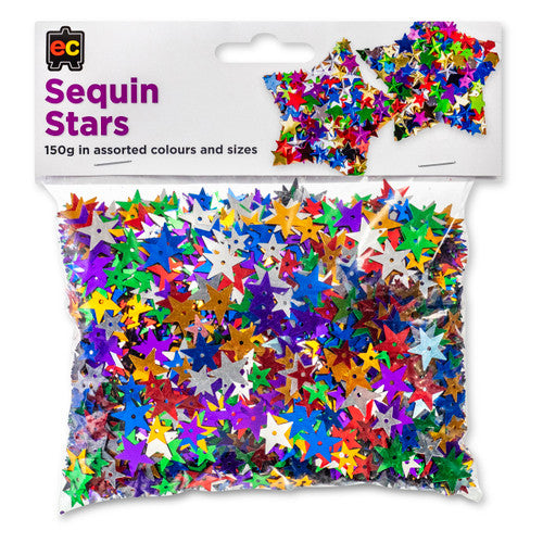 Educational Colours Assorted Sequin Stars 150g pack showing hologram star-shaped sequins in assorted colours