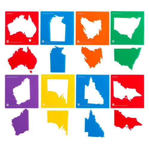 Set of 8 Educational Colours Australia and state map stencils laid flat showing positive and negative designs
