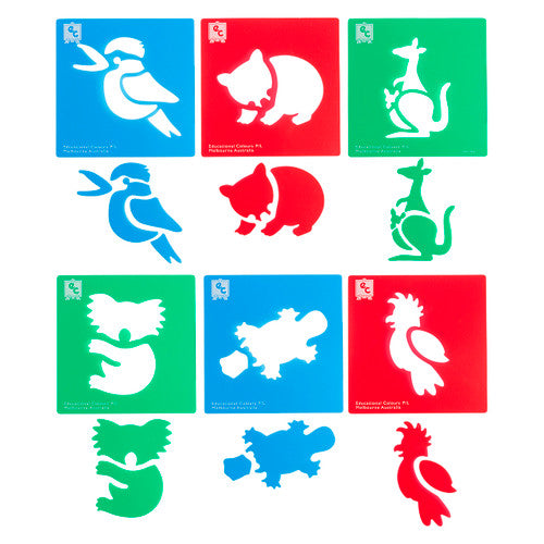 Educational Colours Australian Animals Stencil Series 1 - set of 6 thick plastic stencils, 190mm x 190mm