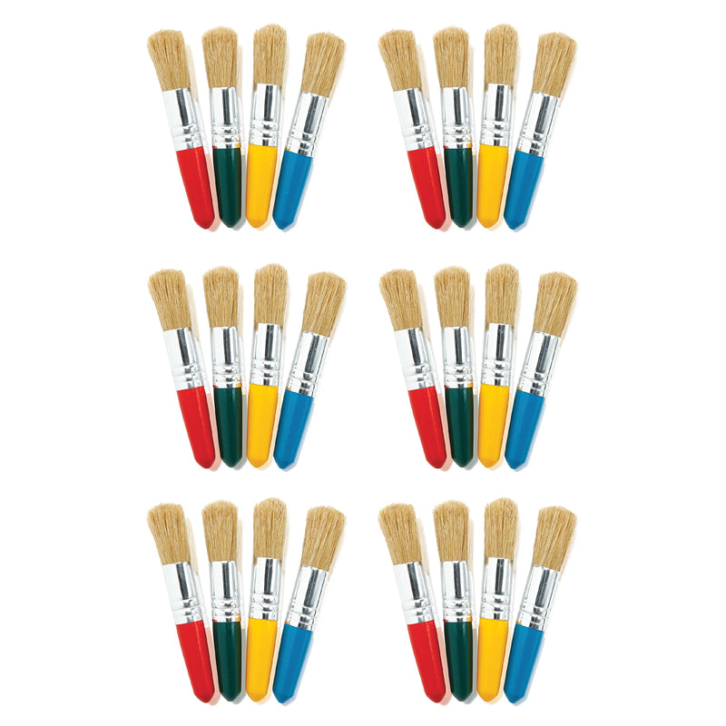 Educational Colours Baby Stubby Brush Pack 24 displayed as six groups of four brushes on a clean white background. Each group contains assorted red, green, yellow and blue handled brushes with broad natural coloured bristles, visually demonstrating the full 24 brush quantity supplied for classrooms and group painting activities.