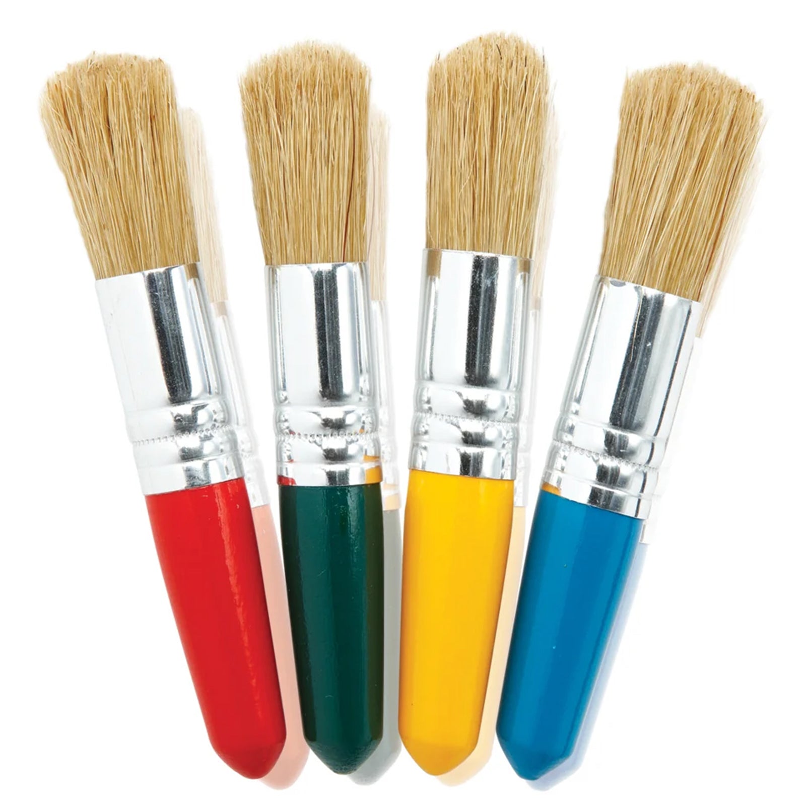 Front product view showing four representative Educational Colours Baby Stubby Brushes with red, green, yellow and blue handles against a white background. The image clearly displays the broad bristle heads, silver ferrules and compact proportions that make these 100mm brushes suitable for little creative hands.