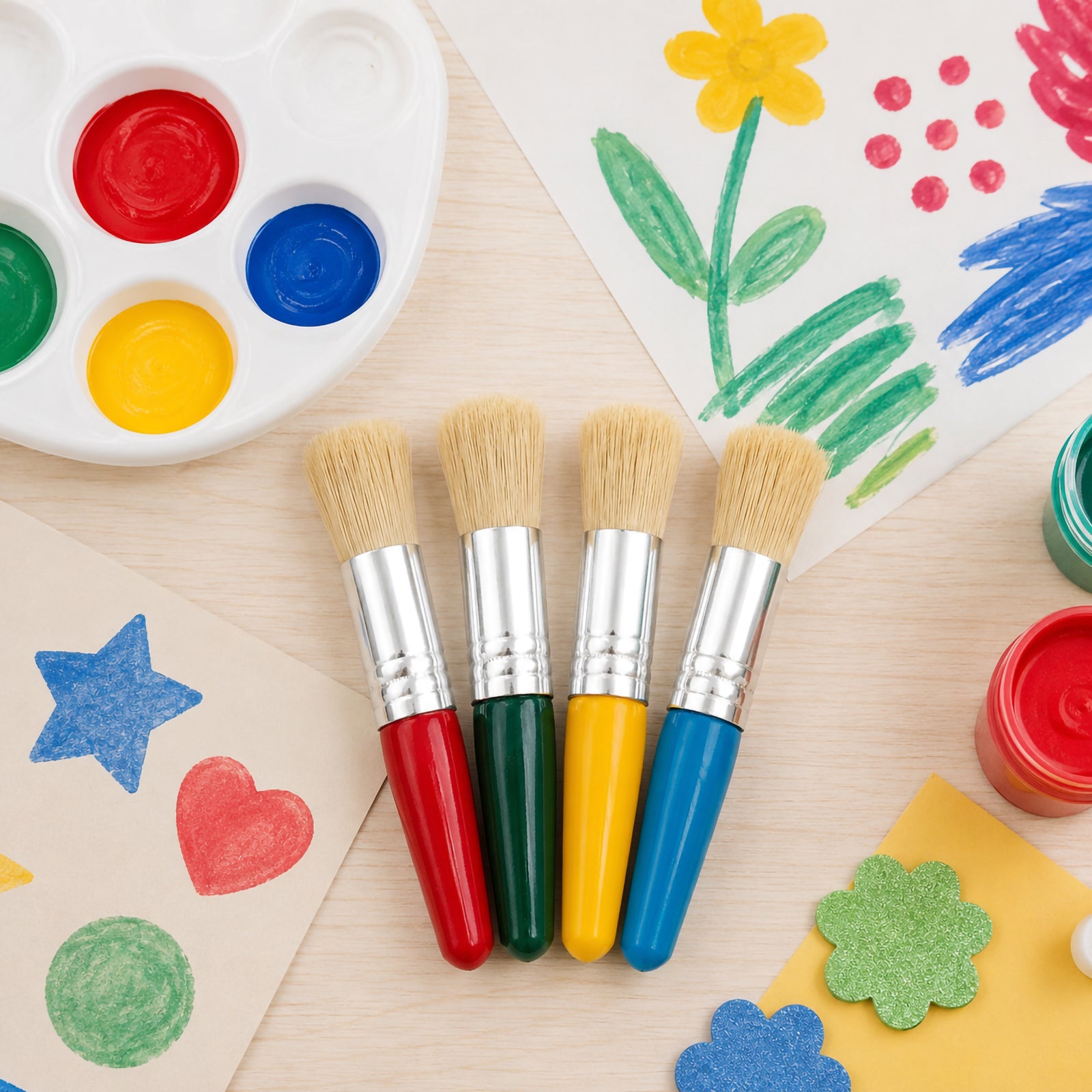 Top view of four Educational Colours Baby Stubby Brushes with assorted red, green, yellow and blue handles arranged between colourful children's artwork, a paint palette and craft shapes. The creative classroom setting highlights the short 100mm brush format and broad bristles suited to young children's painting projects.