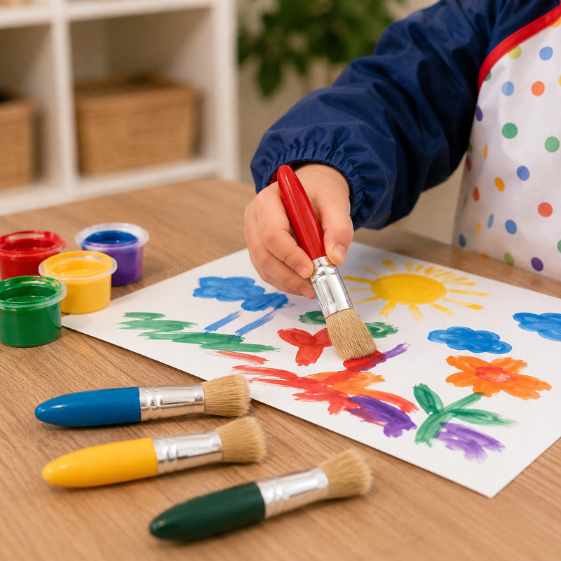 Child using a red handled Educational Colours Baby Stubby Brush to create a colourful painting at a classroom art table. Three additional brushes with blue, yellow and green handles rest nearby beside open paint pots, clearly demonstrating the compact brush design in a practical early childhood painting activity.