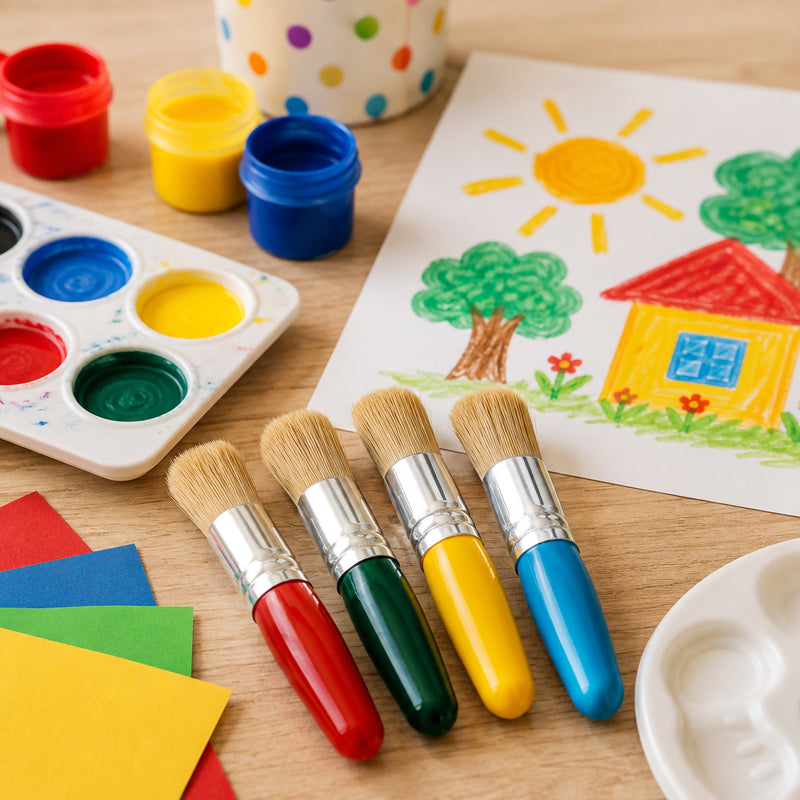 Four assorted Educational Colours Baby Stubby Brushes displayed on a wooden craft table beside red, yellow, blue and green paints, coloured paper and a completed house picture. The bright art setting demonstrates how the compact brushes can be kept ready for preschool, childcare and classroom creative activities.