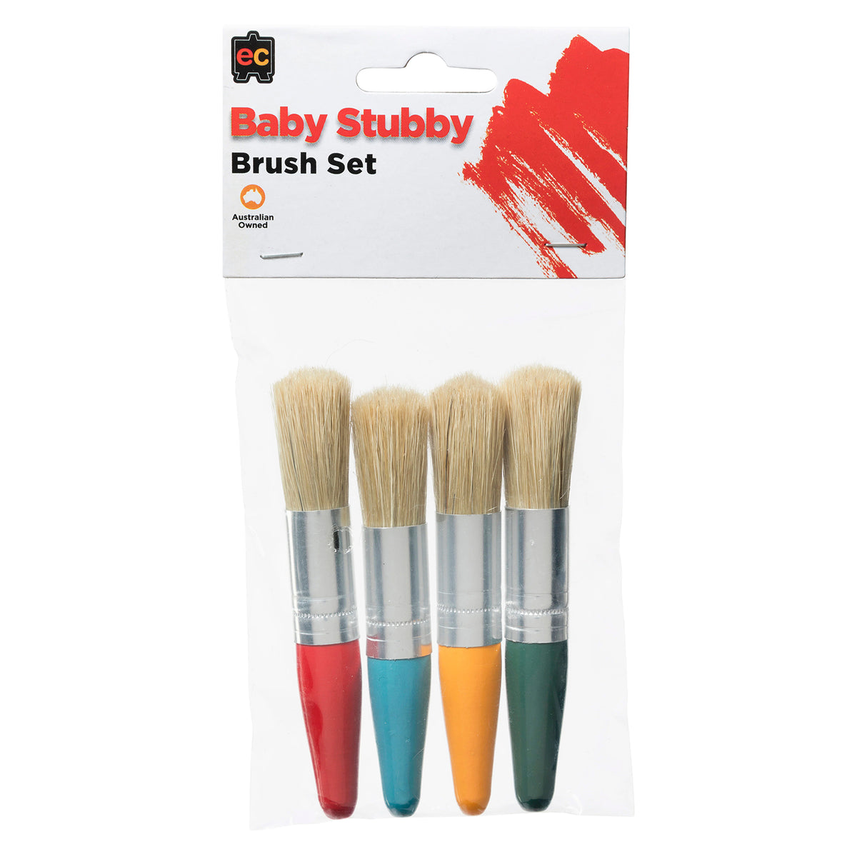 Educational Colours Baby Stubby Brush Set 4 shown in retail packaging with four compact brushes in assorted red, blue, yellow and green handles. The front presentation displays the Baby Stubby Brush Set branding and broad bristle heads, providing a clear product view for early learning and children's art supplies.