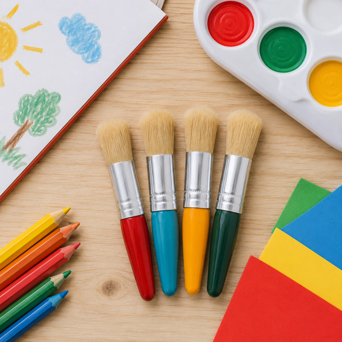 Four Educational Colours Baby Stubby Brushes arranged neatly on a wooden art table beside a paint palette, coloured pencils, paper and children's artwork. The red, blue, yellow and green short handles and broad natural coloured bristles clearly show the compact proportions of the 100mm children's painting brushes.