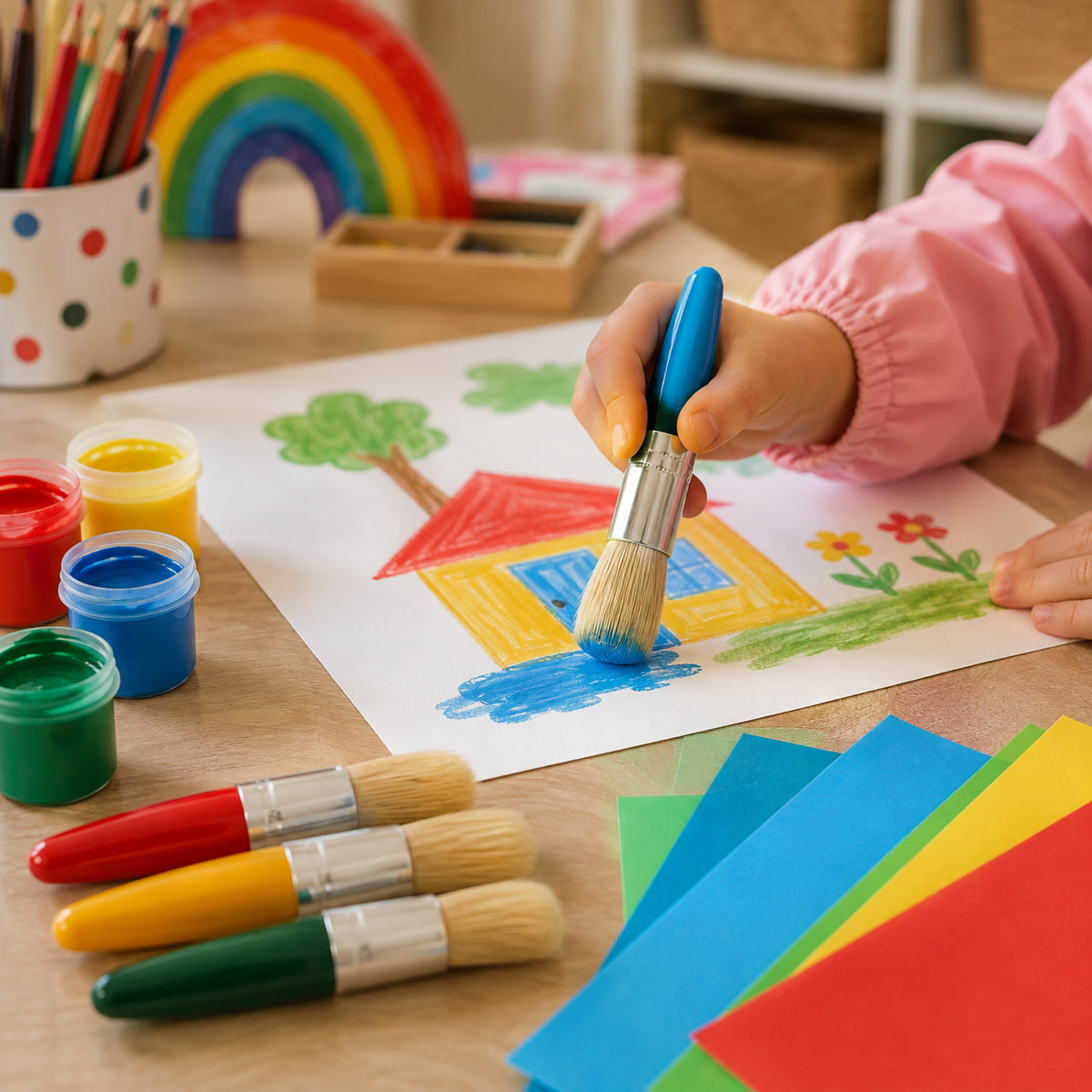 Young child using a blue handled Educational Colours Baby Stubby Brush to paint a colourful house scene at a creative activity table. Red, yellow and green handled brushes rest nearby with paint pots, coloured paper and art supplies, demonstrating the compact brush size designed for little hands.