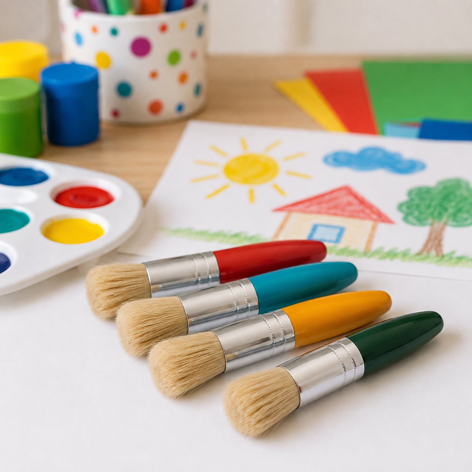 Educational Colours Baby Stubby Brush Set displayed in a colourful creative setting with four compact brushes resting on white paper. Paints and a child's house drawing appear in the background, highlighting the brushes as accessible art tools for preschool painting, colour exploration and early creative activities.