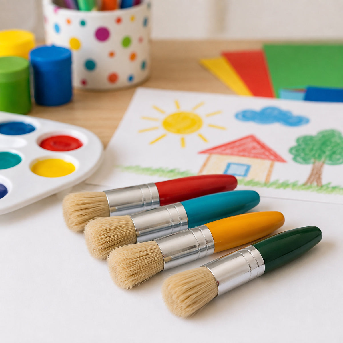 Educational Colours Baby Stubby Brush Set displayed in a colourful creative setting with four compact brushes resting on white paper. Paints and a child's house drawing appear in the background, highlighting the brushes as accessible art tools for preschool painting, colour exploration and early creative activities.